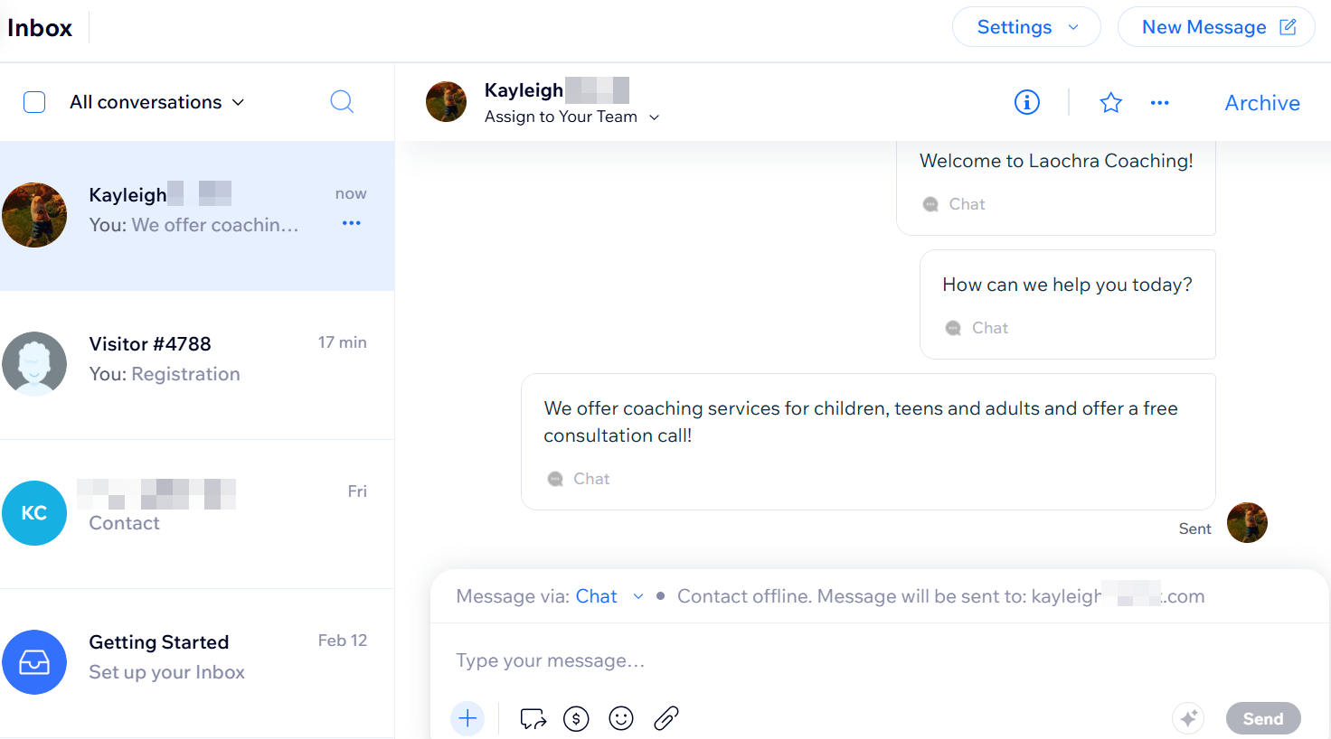Wix Inbox の「メッセージの送信方法」で、チャットが選択されている様子を示したスクリーンショット。